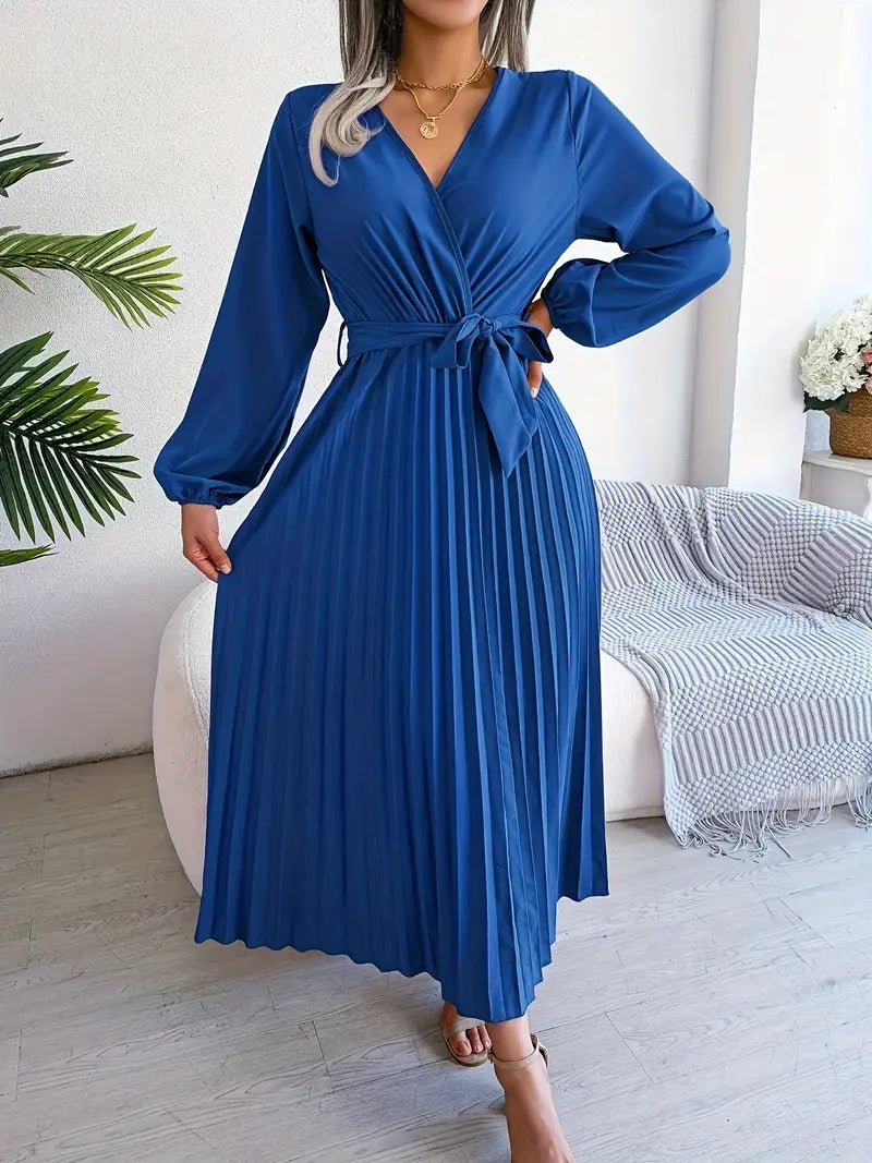 Women's Pleated Midi Wrap Dress – Long Sleeve V-Neck Elegant Style