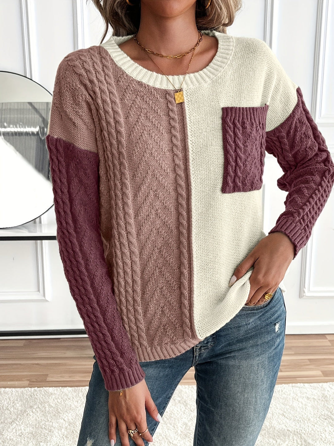 Chic and Comfortable Twisted Knit Patchwork Sweater for Women
