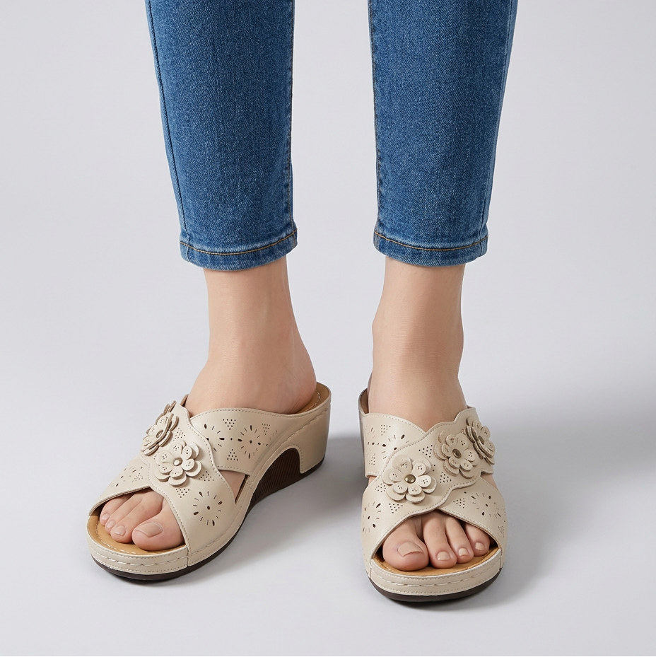 Amycca | Comfortable Wedge Slippers with Floral Applications