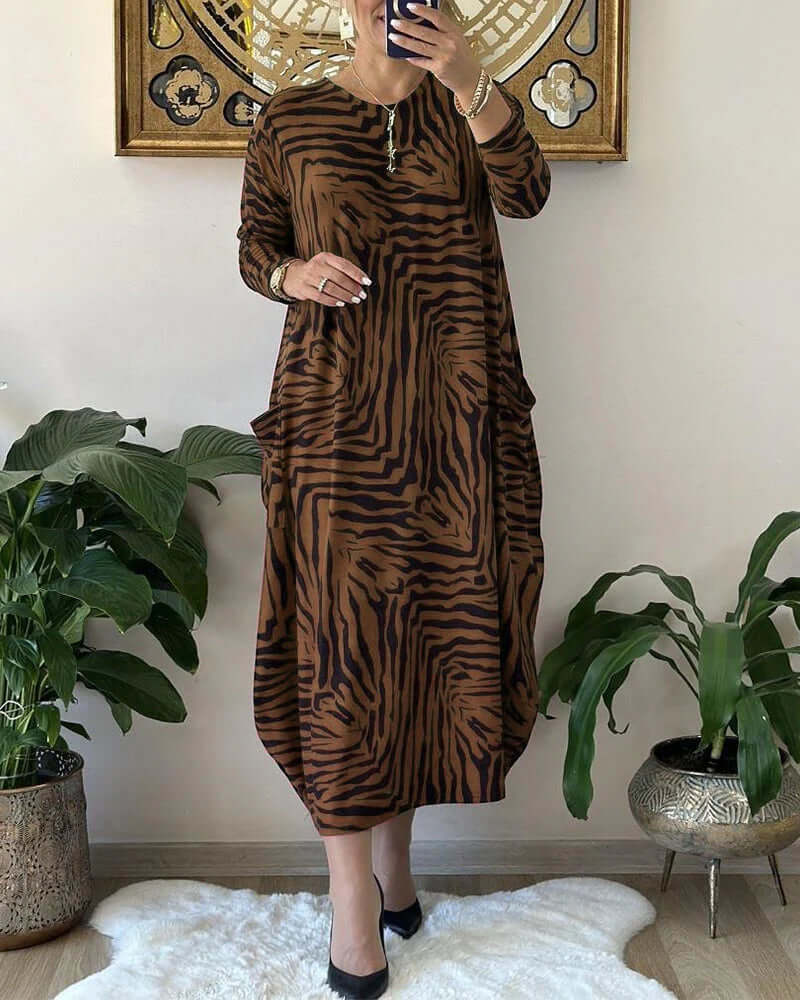Loose Animal Print Dress with Pocket, view 3 - Elena Harper