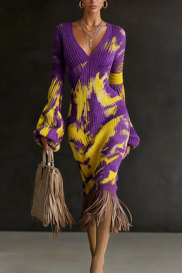 Unique Printed V-neck Long-sleeved Elegant Tassel Hem Midi Dress