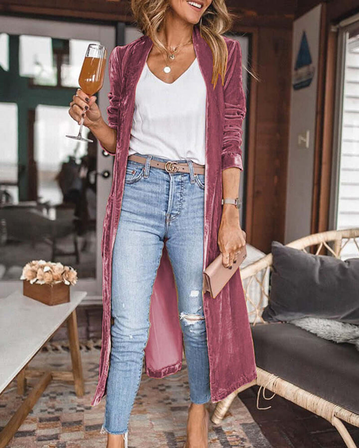 Women's Long Velvet Duster Cardigan, view 5 - Elena Harper