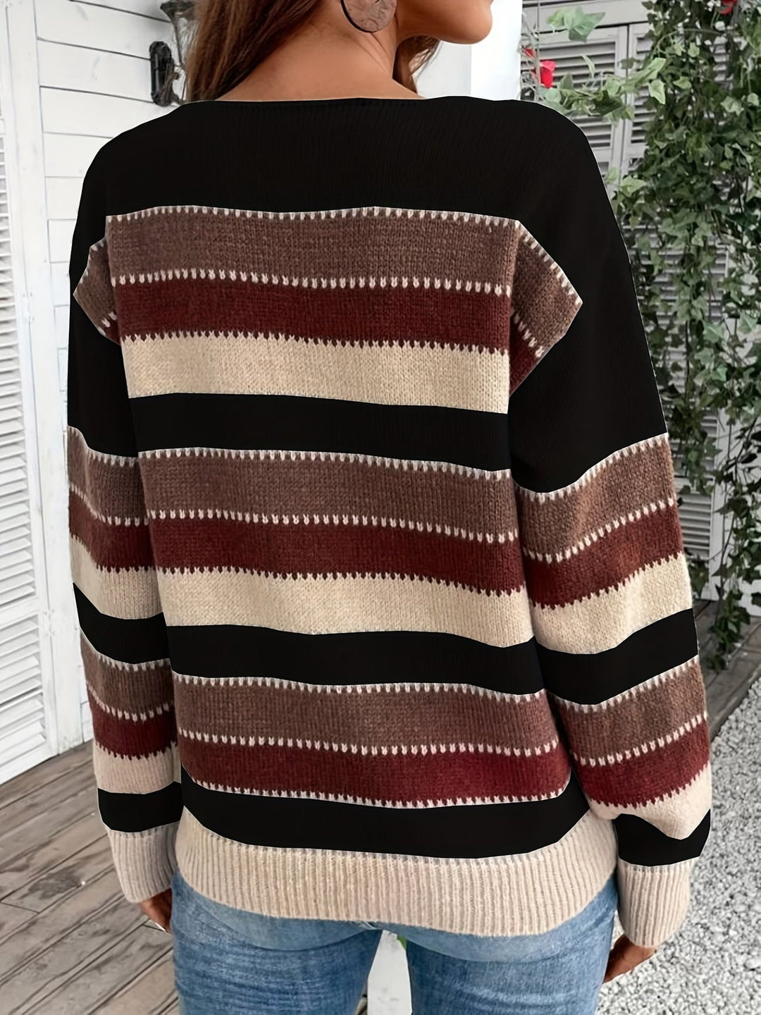 Women's Striped Knit Sweater with Round Neck
