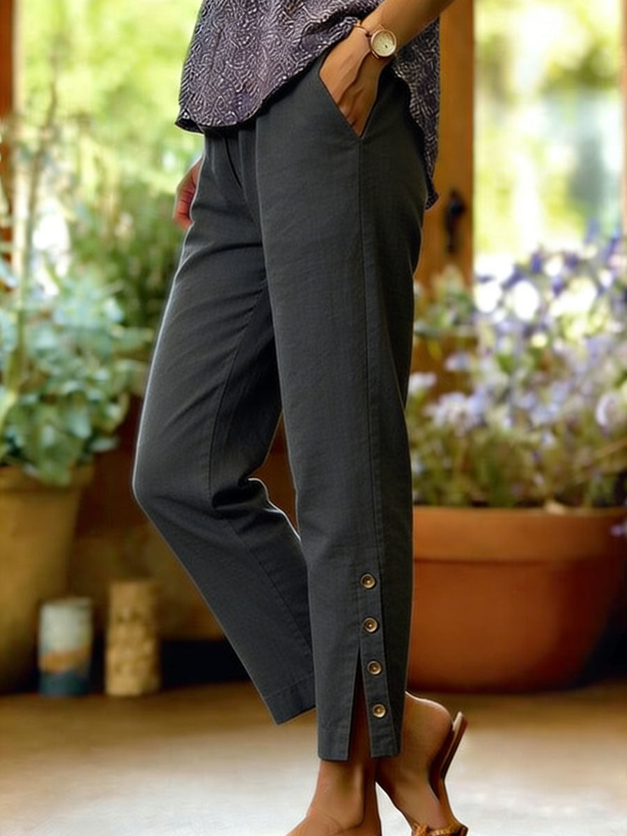 Women's Cotton Linen Casual Fit Elegant Button Slit Pants