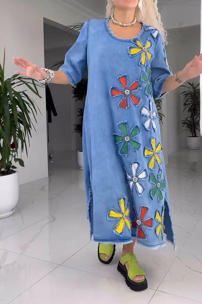 Women's Floral Maxi Dress - Denim Style for Elegance