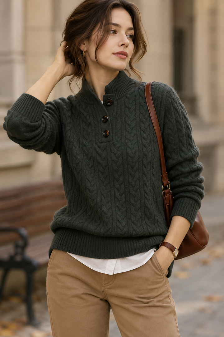 Cable Knit Sweater for Women with Button Closure at Neck Regular Fit