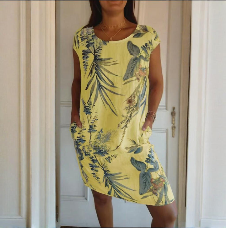 Teres Round Neck Dress with Botanical Print, view 7 - Elena Harper