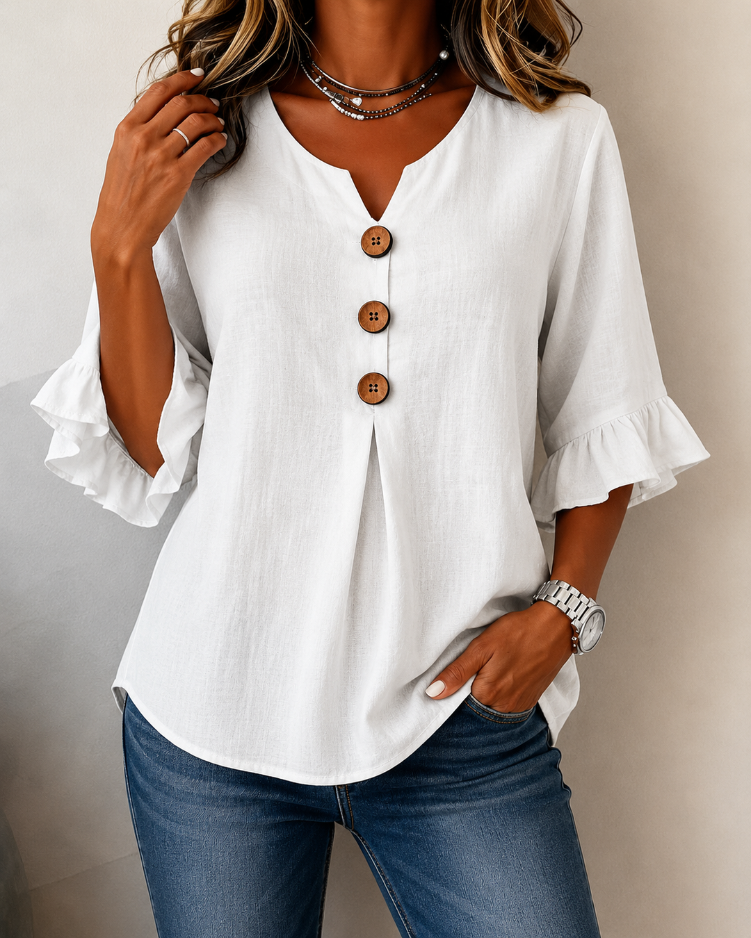 Amelie Belly-Camouflaging Blouse with Buttons, view 4 - Elena Harper