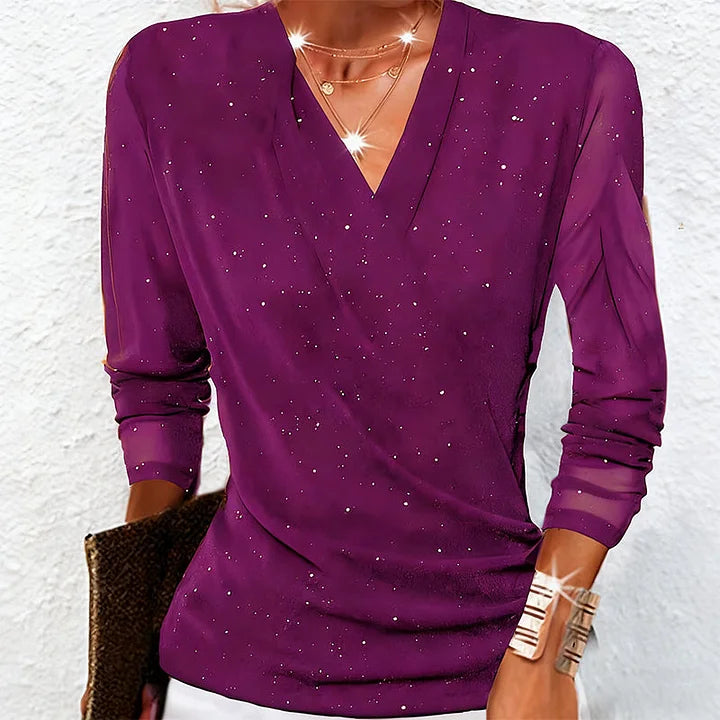 Ladies Glitter Top with V-Neck and Long Sleeves