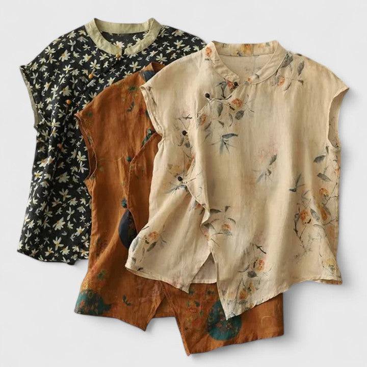 Elegant Emma & Rose Cape Town Shuvee™ top in linen with a stylish, relaxed fit and intricate Italian design details.