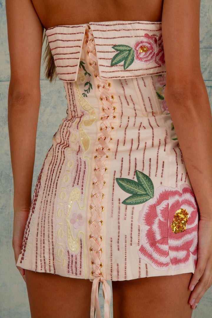 Roos | Strapless Mini Dress with Floral Embroidery and Sequin Details