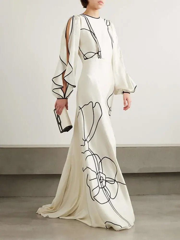 Evening dress for women with elegant floral print and long sleeves - Eline