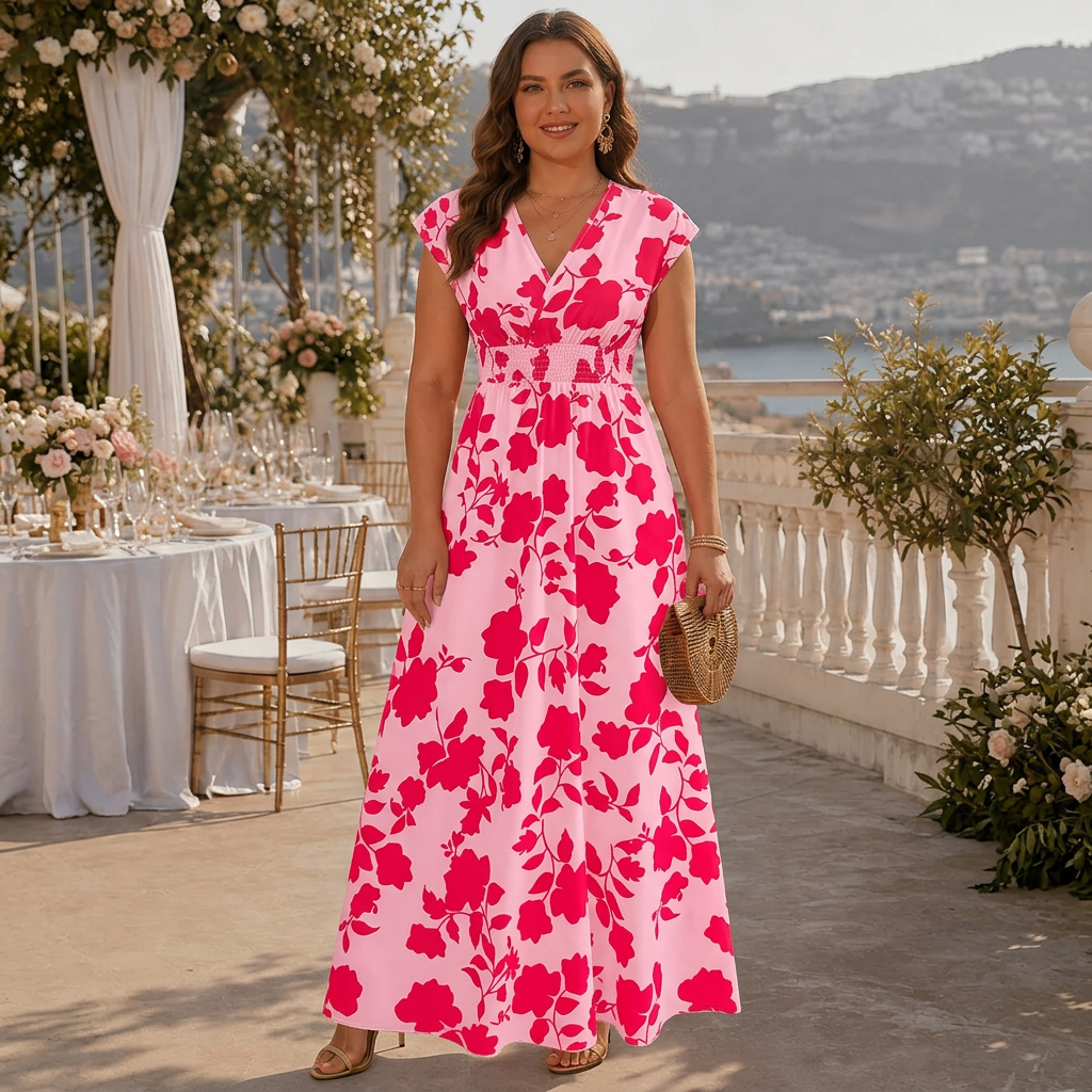 Adjusted Title: Women's Floral Print Maxi Dress with V-Neck and Smocked Waist