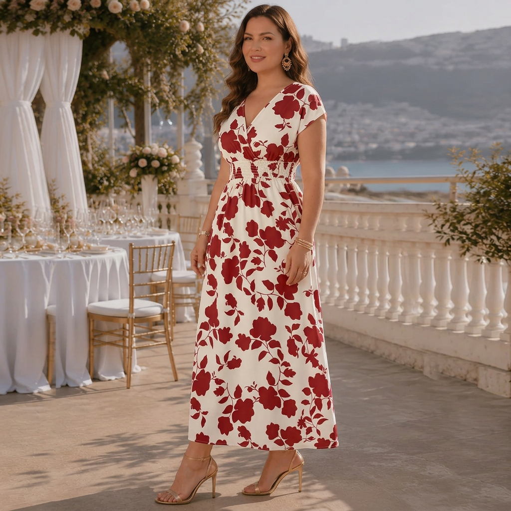 Adjusted Title: Women's Floral Print Maxi Dress with V-Neck and Smocked Waist