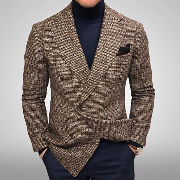 Checked Double-Breasted Blazer for Men with Classic Lapels