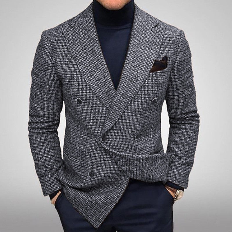 Checked Double-Breasted Blazer for Men with Classic Lapels