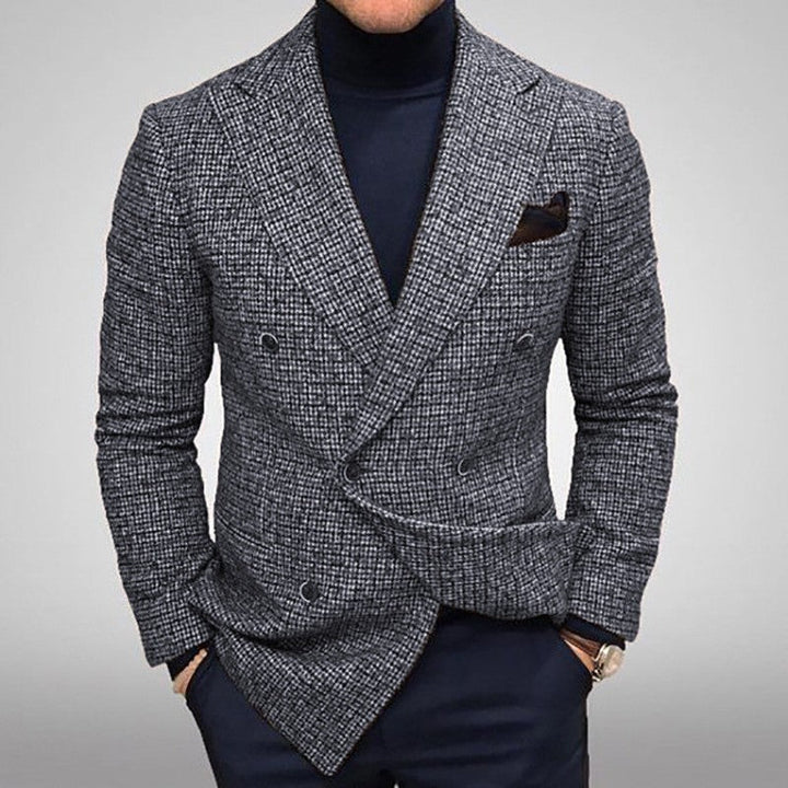 Checked Double-Breasted Blazer for Men with Classic Lapels