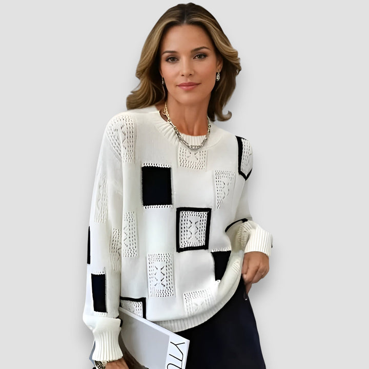 Vanessa Modern Knit Sweater with Geometric Pattern, view 2 - Elena Harper