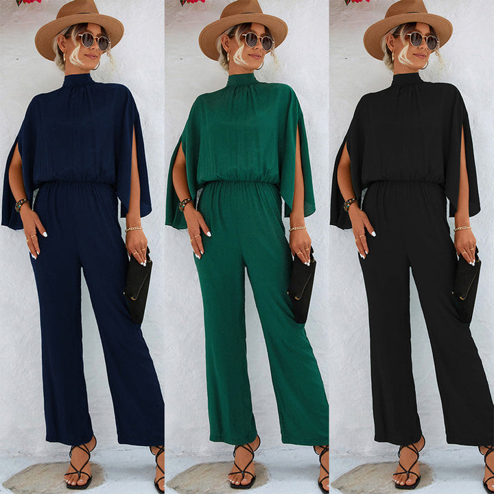 Elegant Wide Jumpsuit for Women – High Neck with Split Cape Sleeves 3/4