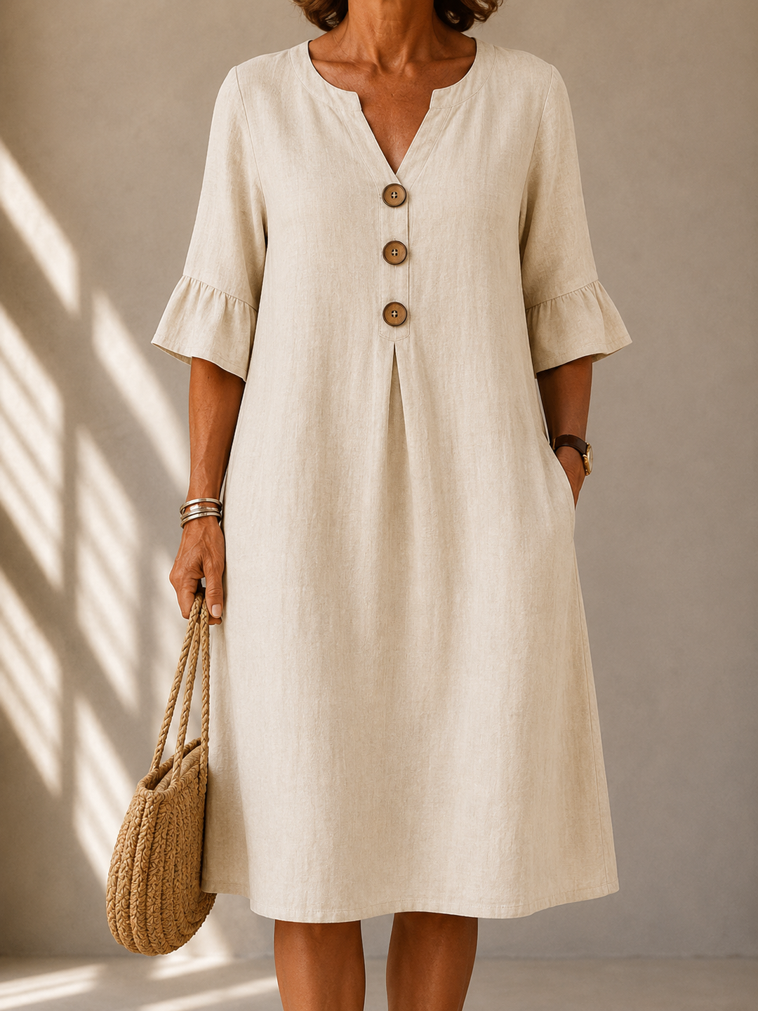 Corinne™ | Belly-Covering Midi Dress with Buttons