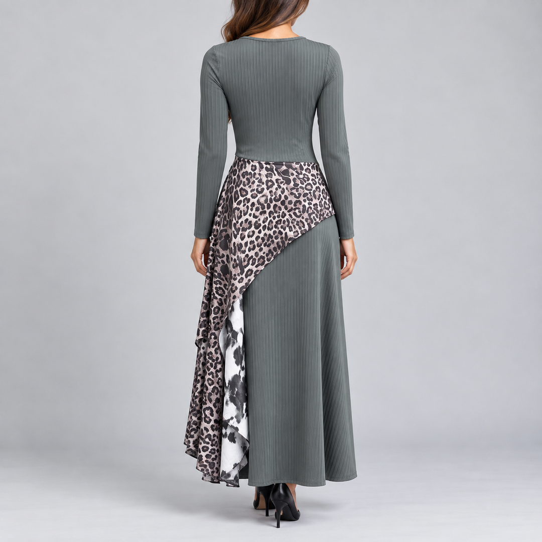 Amelie | Women's Long Sleeve Maxi Dress Ribbed Leopard Print Asymmetrical Hem