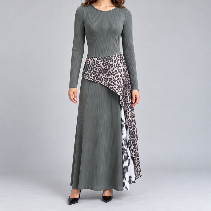 Amelie | Women's Long Sleeve Maxi Dress Ribbed Leopard Print Asymmetrical Hem