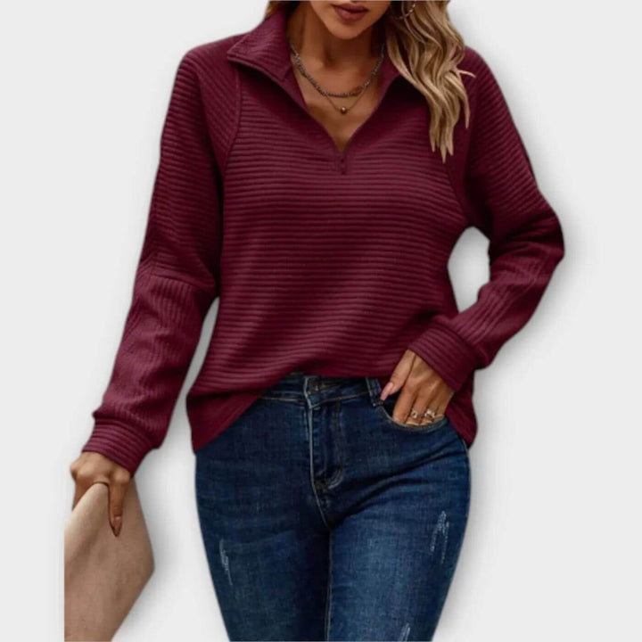 Ribbed Half-Zip Sweater for Women – Elegant V-Neck Knit Sweater