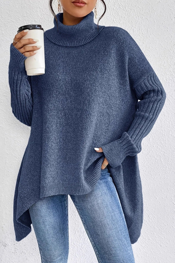 Women's Oversized Turtleneck Sweater with Asymmetrical Hem