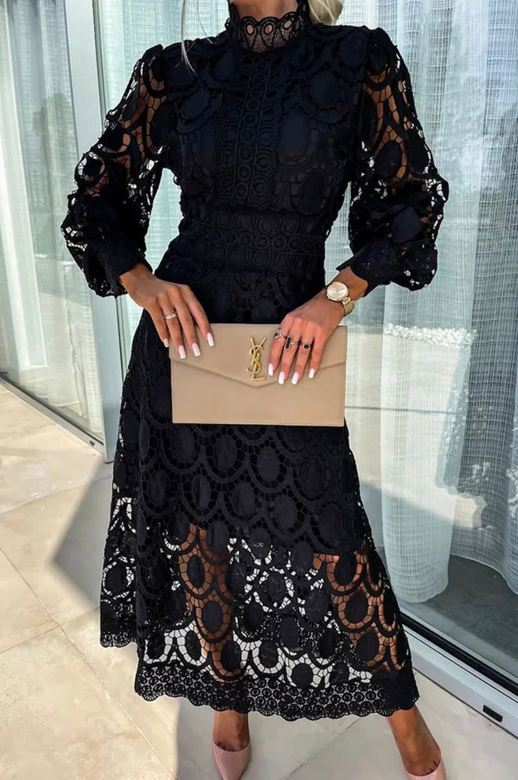 Izaro | Elegant Midi Dress for Women with Lace and Long Sleeves