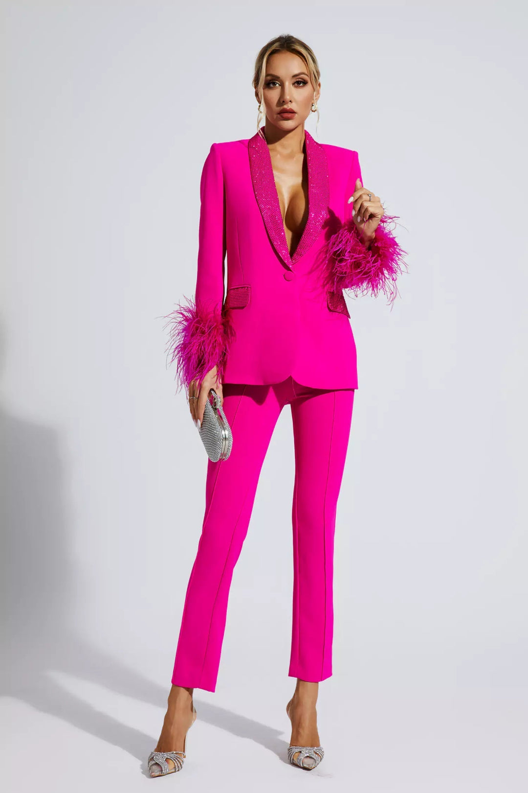 Blazer Set with Diamonds and Feather Accents, view 2 - Elena Harper