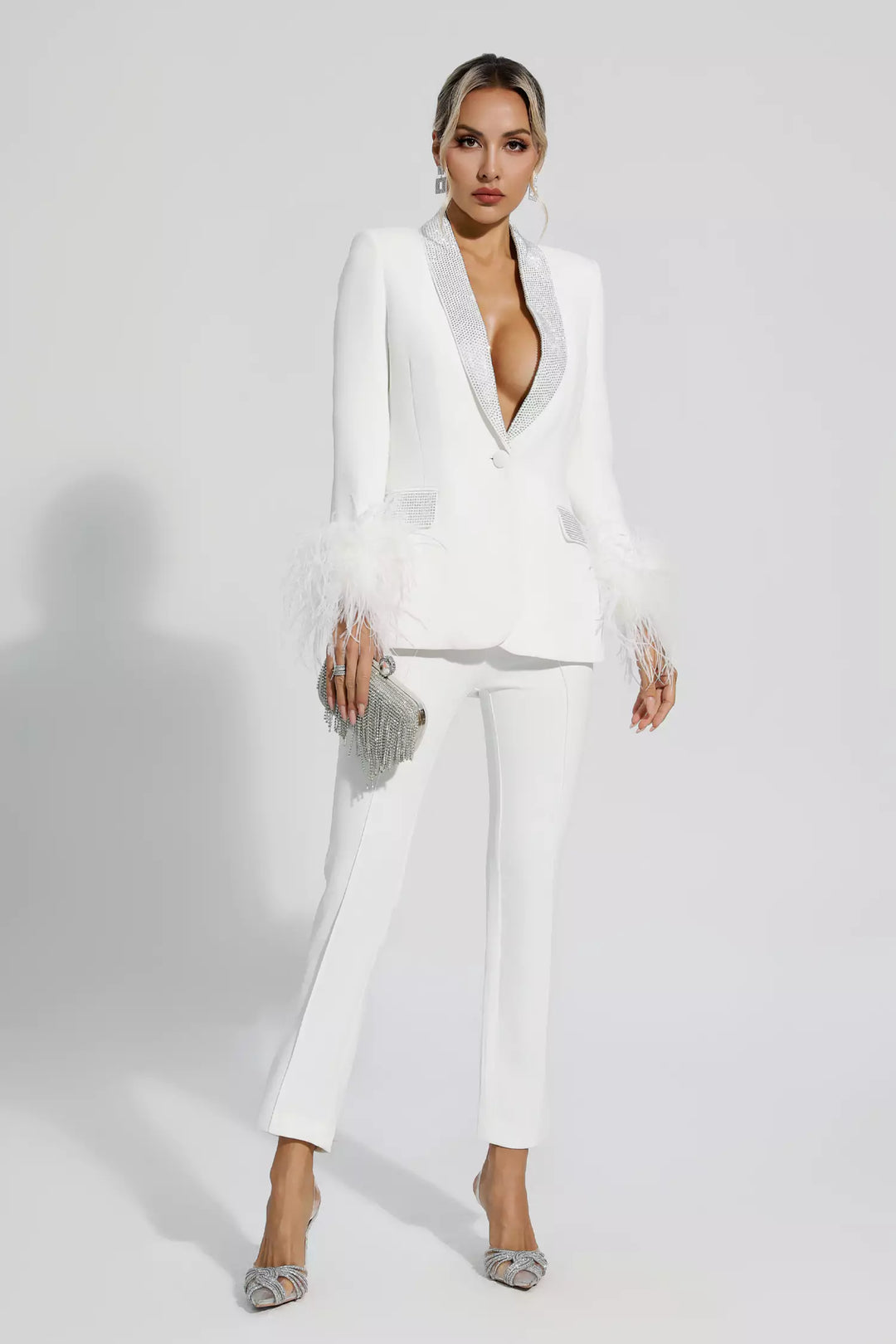 Blazer Set with Diamonds and Feather Accents, view 3 - Elena Harper