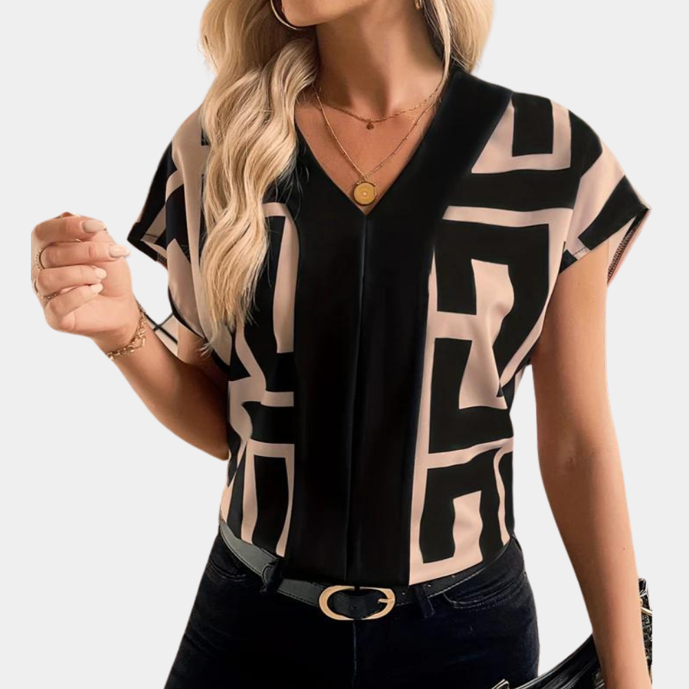 Women's Geometric Print V-Neck Blouse Velora - Elena Harper