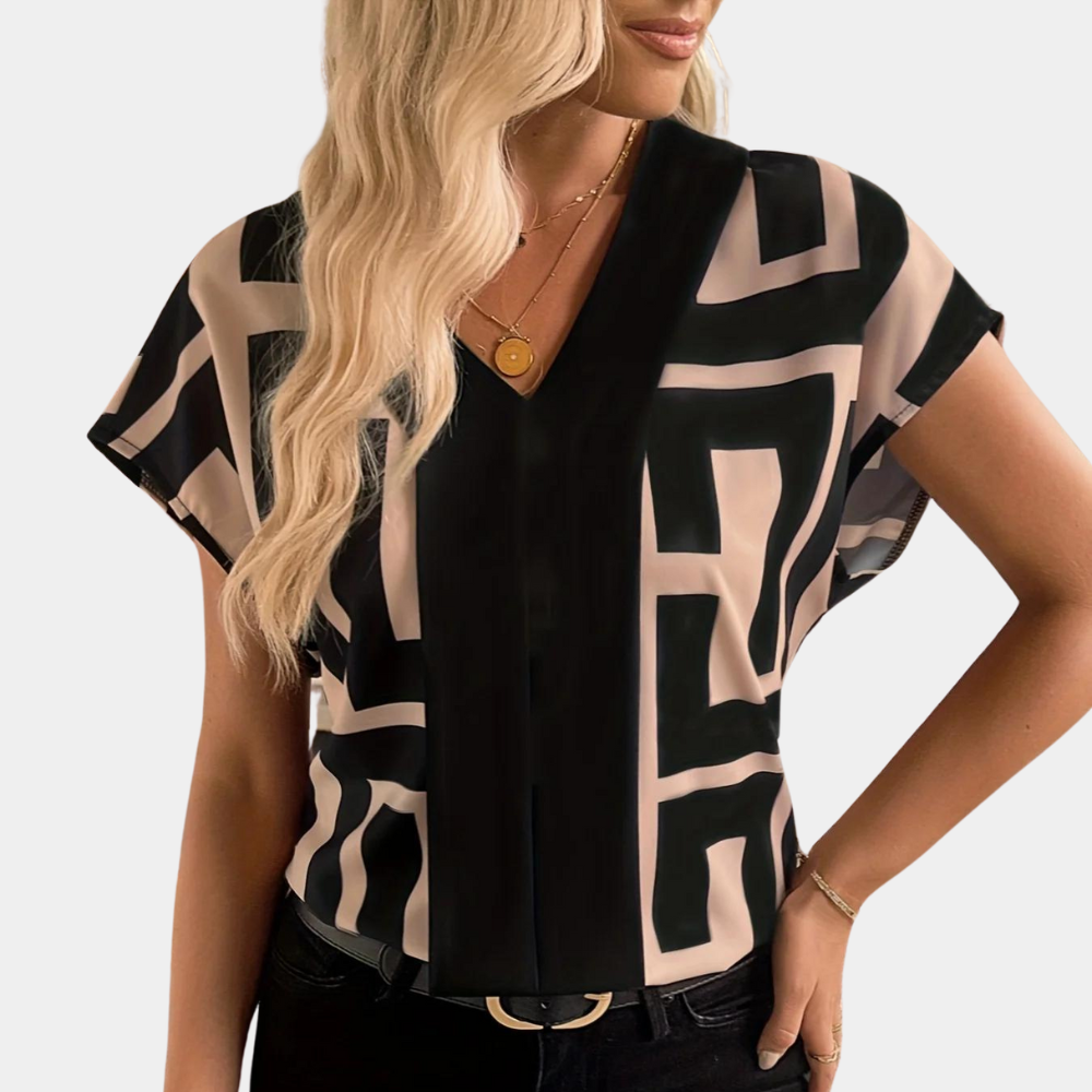 Women's Geometric Print V-Neck Blouse Velora, view 3 - Elena Harper