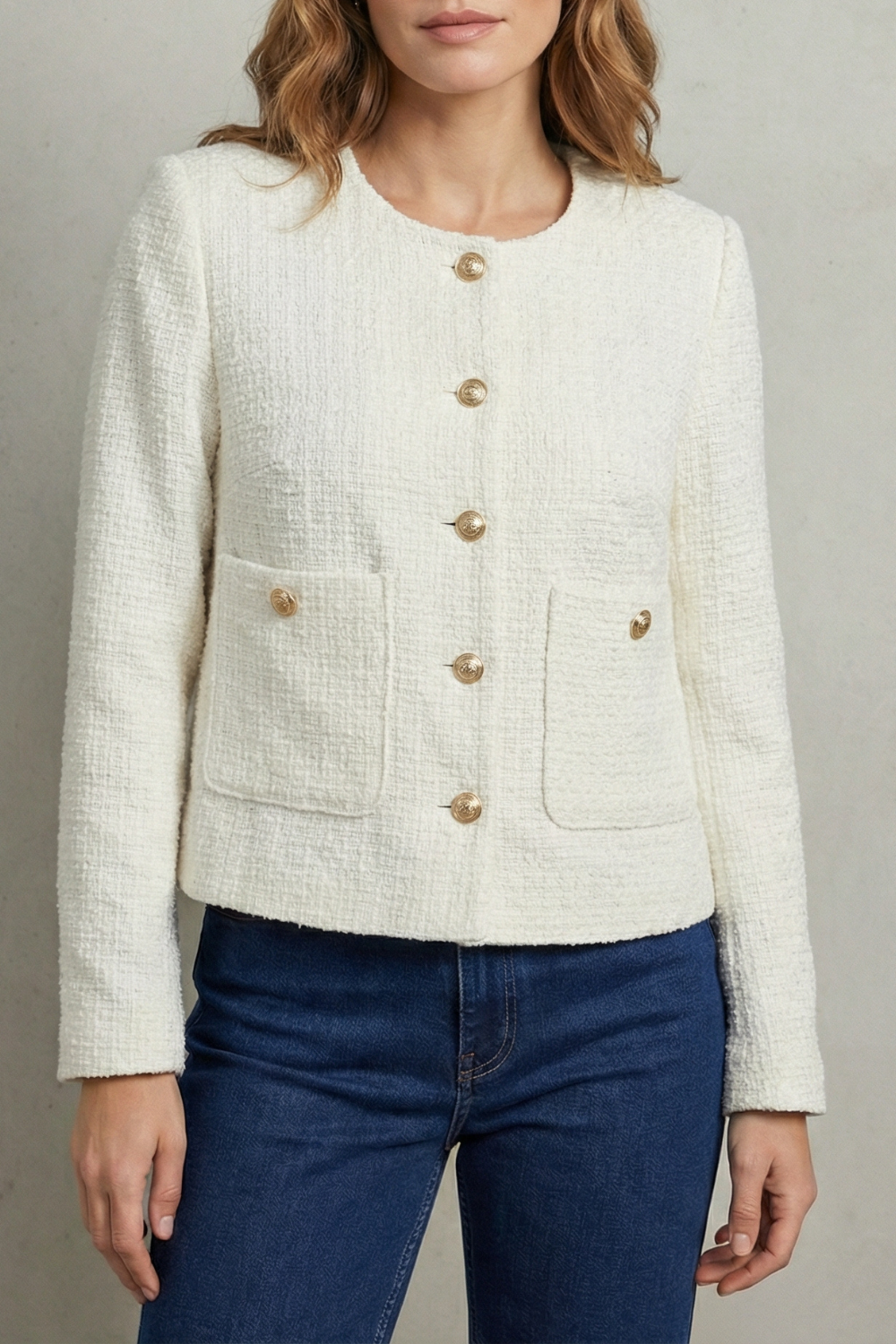 Montarello Women's Cropped Blazer with Round Neck and Gold Buttons, view 5 - Elena Harper