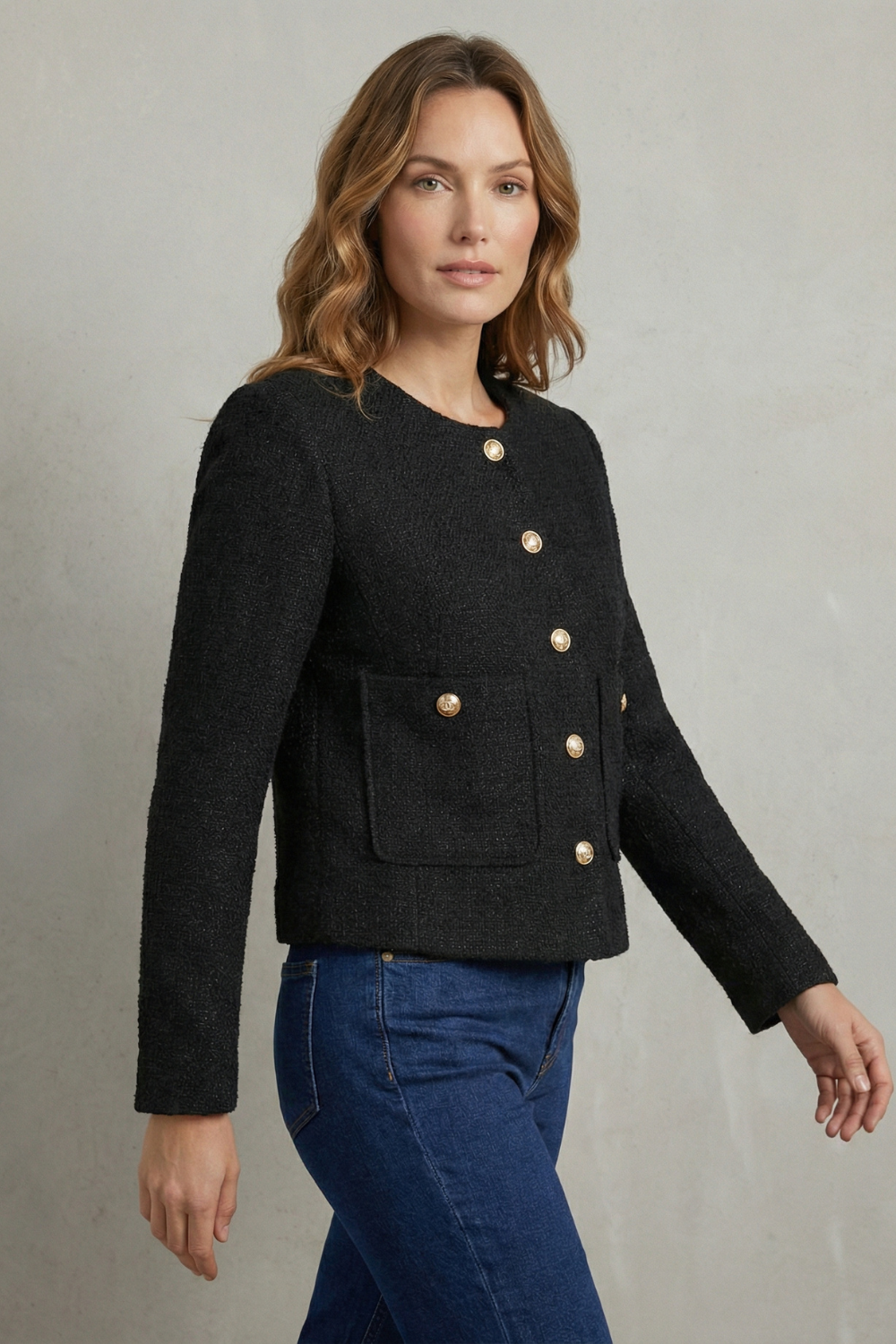 Montarello Women's Cropped Blazer with Round Neck and Gold Buttons, view 3 - Elena Harper