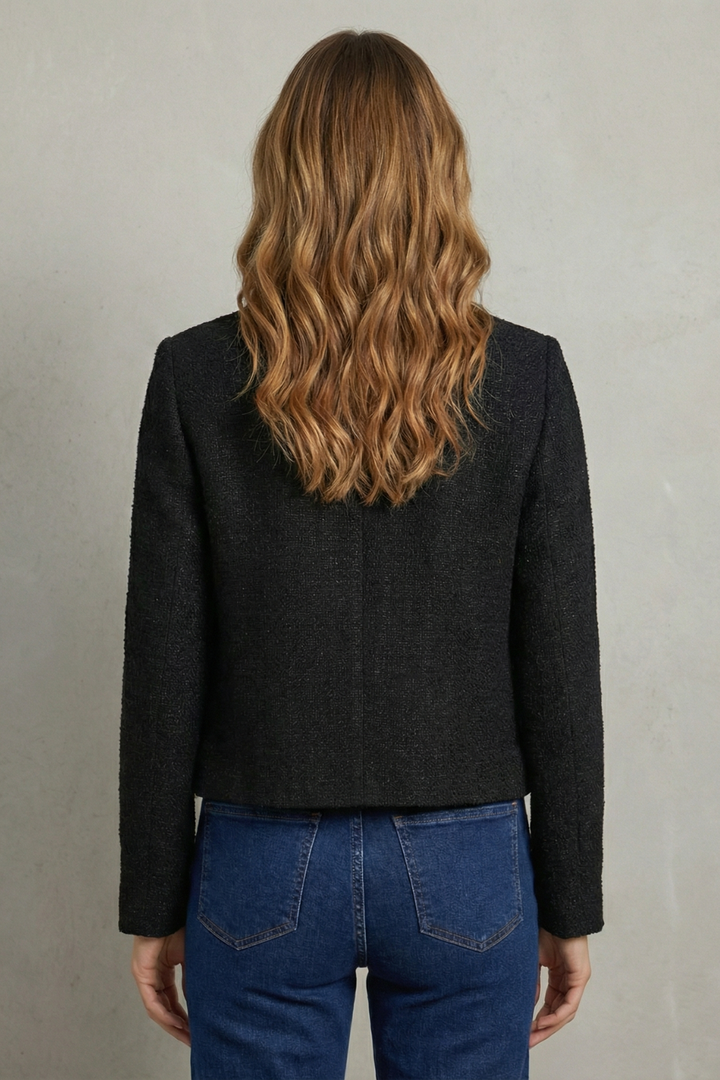 Montarello Women's Cropped Blazer with Round Neck and Gold Buttons, view 2 - Elena Harper