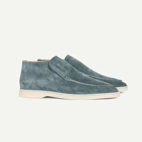 Emma & Rose Manhattan Jordan men's loafers made of soft, luxurious suede in petrol color, showcasing a sleek, stylish design.