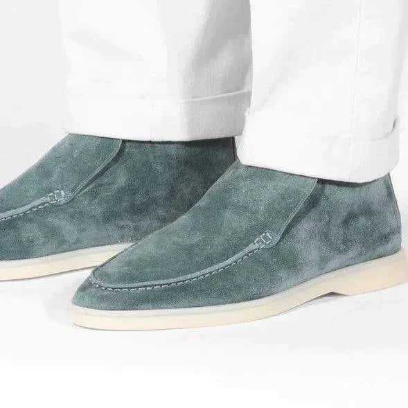 Emma & Rose Manhattan Jordan men's loafers in soft, luxurious petrol-colored suede with a sleek, stylish design.
