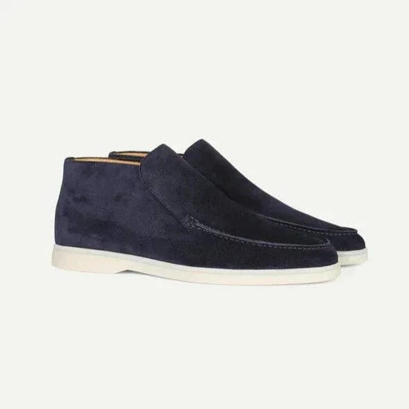 Men's navy leather loafers by Emma & Rose Manhattan, featuring soft, luxurious fabrics and Italian suede craftsmanship.
