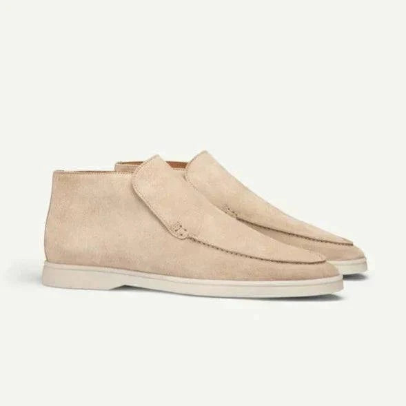 Light beige men's loafers by Emma & Rose Manhattan with soft suede fabric and luxurious, comfortable design.