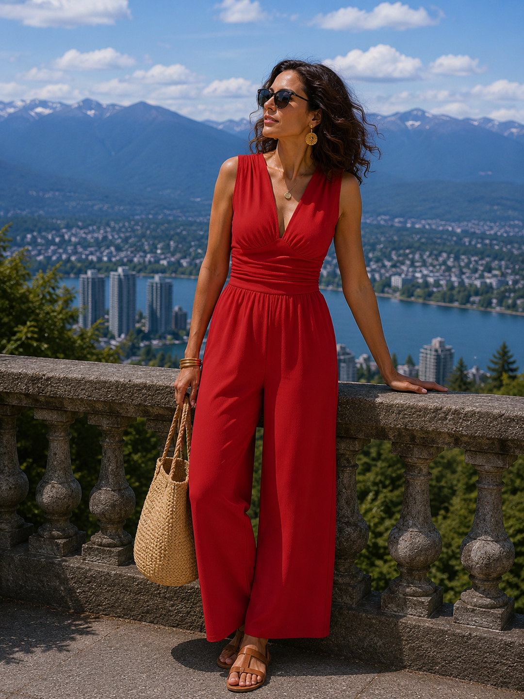 Elegant women's jumpsuit with V-neck and fluid wide legs