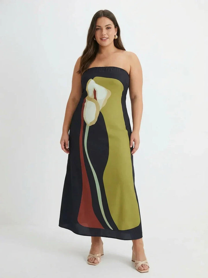 Zinnia Abstract Strapless Maxi Dress, view 5 - Elena Harper