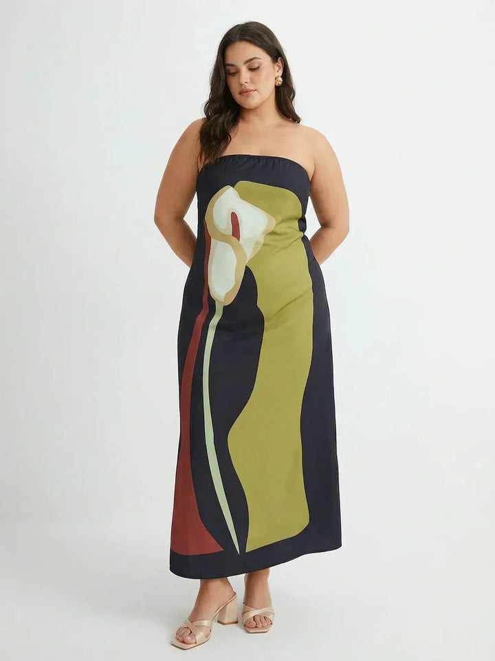Zinnia Abstract Strapless Maxi Dress, view 6 - Elena Harper