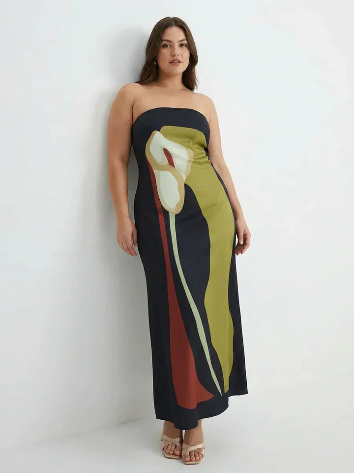 Zinnia Abstract Strapless Maxi Dress, view 7 - Elena Harper