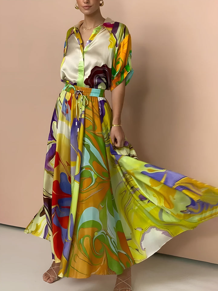 Samanta - Skirt set with drawstring and satin print