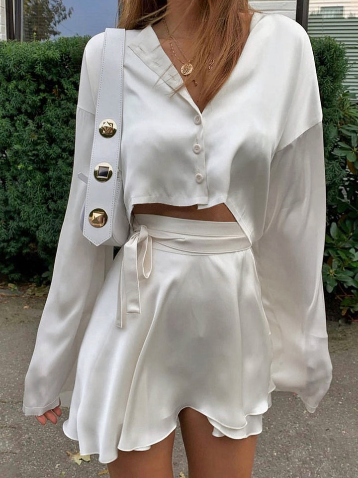 Emilia - Two-Piece Satin Skirt Set with Raw Hem Ties
