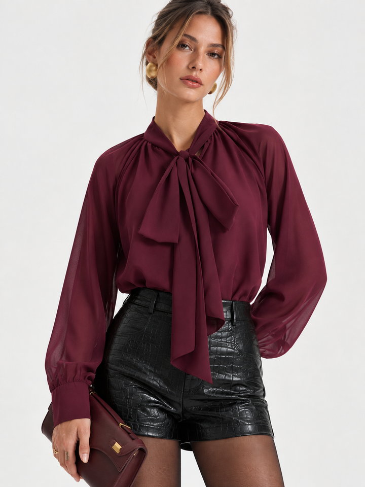 Women's Fuchsia Chiffon Blouse with Bow at the Neck and Long Sleeves Regular Fit, view 3 - Elena Harper
