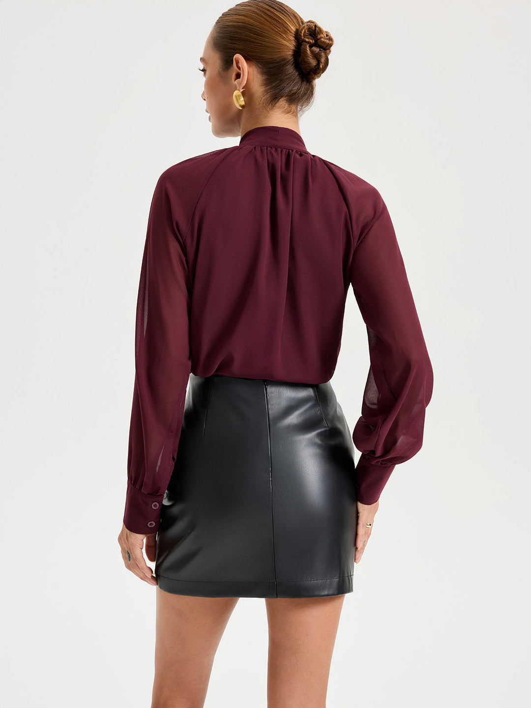 Women's Fuchsia Chiffon Blouse with Bow at the Neck and Long Sleeves Regular Fit, view 5 - Elena Harper