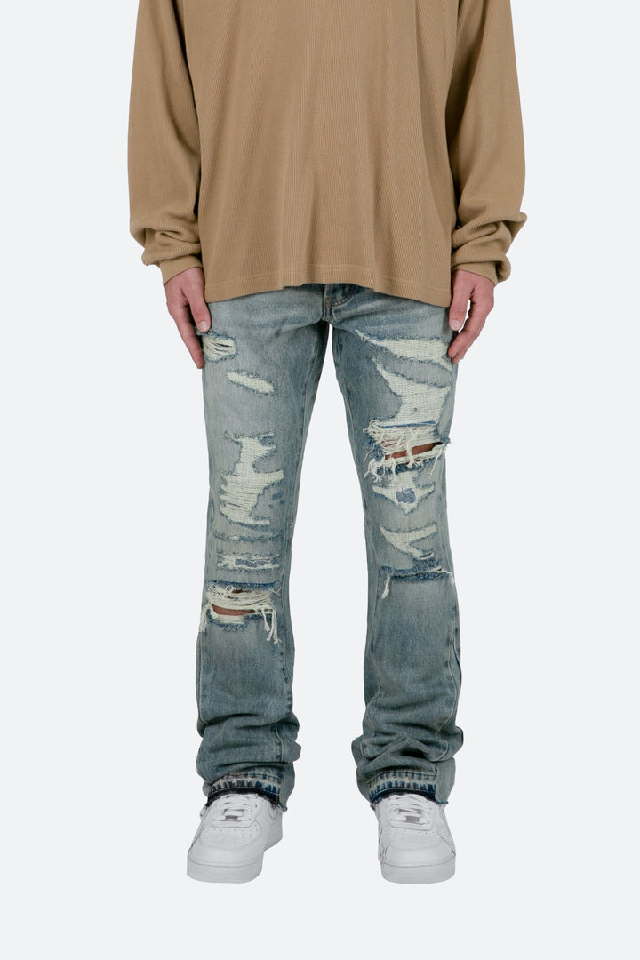 Men's Faded Blue Flared Jeans – Slim Fit and Structured Details
