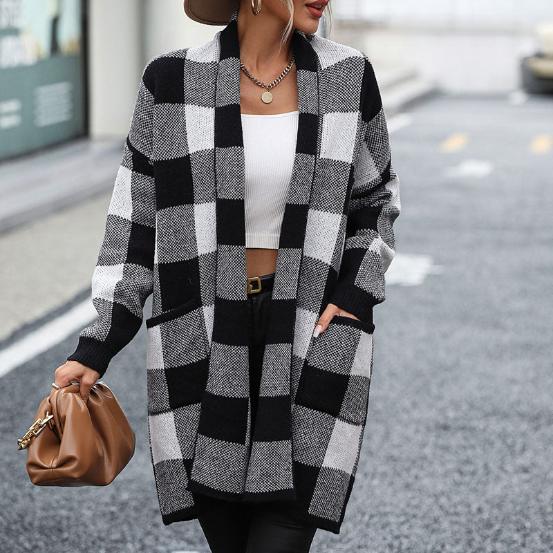 Casual Knitted Checkered Cardigan